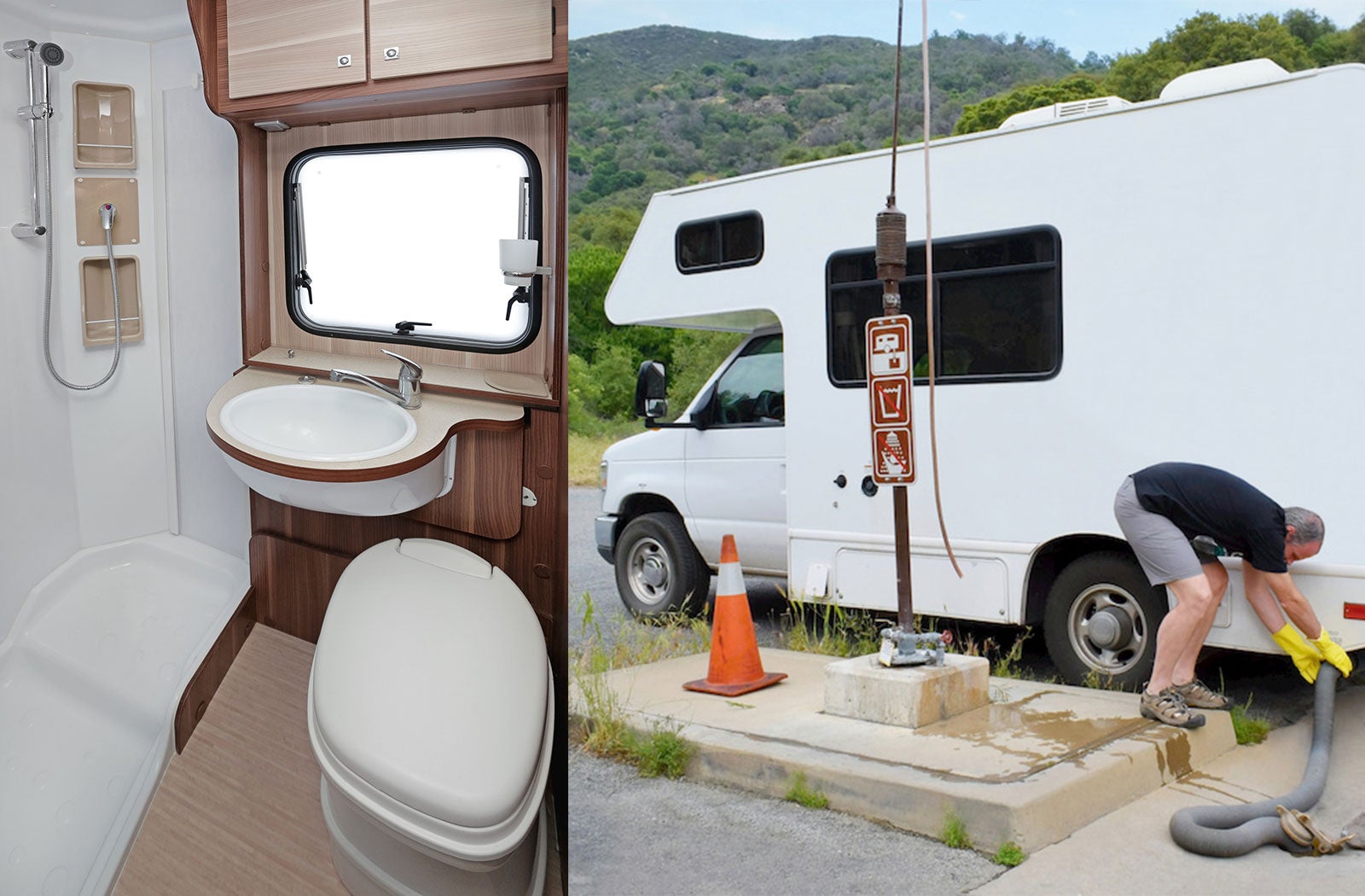 Portable RV/camper toilet and holding tank setup in Cypress, California