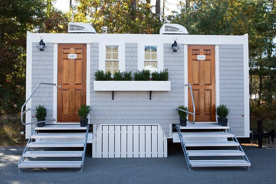 Wedding restroom units discretely staged at a venue in Cypress, California